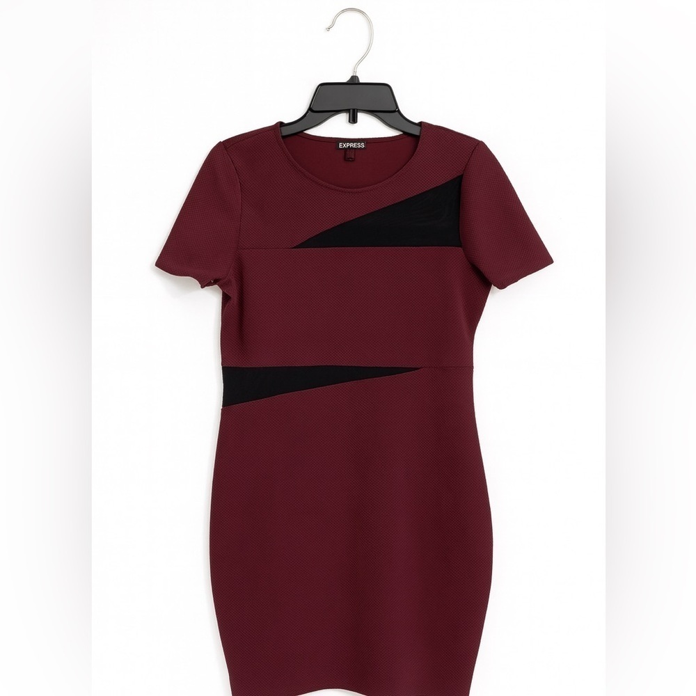 Express Size 12 Maroon & Black Fitted Mesh Panel Dress Classic, Versatile & Chic
